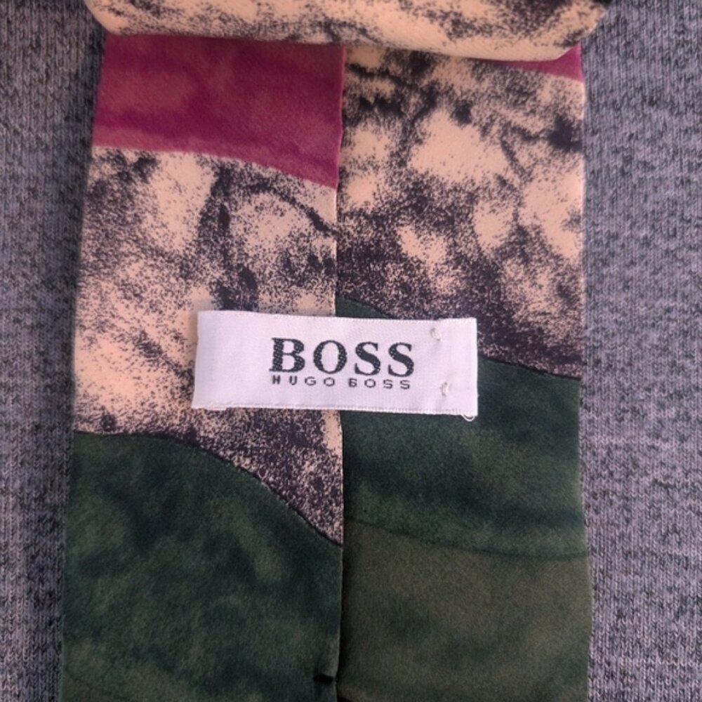 Vintage Hugo Boss Silk Tie, Green/Beige/Black/Green Watercolour Pattern, 57.25" - Picture 3 of 4